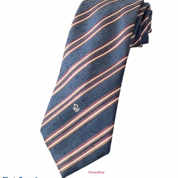 DIOR Tie Denim Blue Rose Tan Cream Skinny Striped - Picture 1 of 11